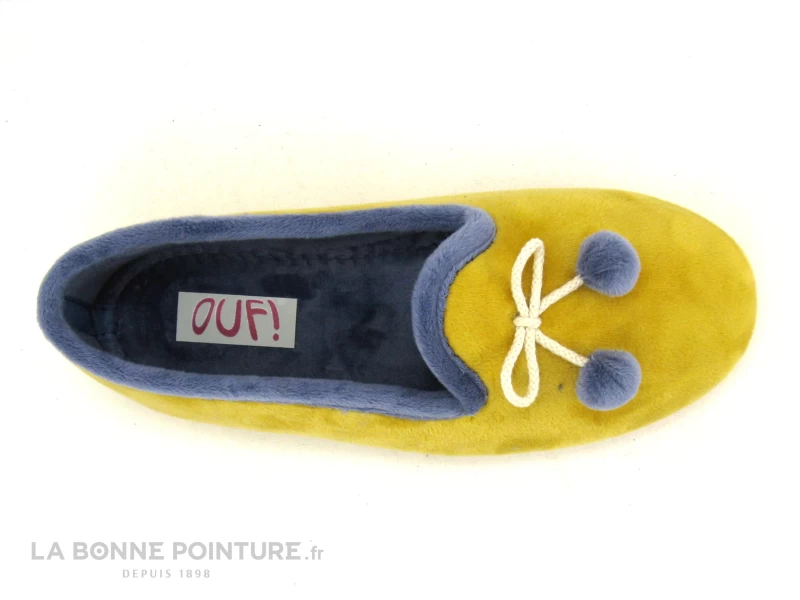 Ouf CISTEM Jaune - Pompons Bleus - Chausson Femme En Velours – Image 3